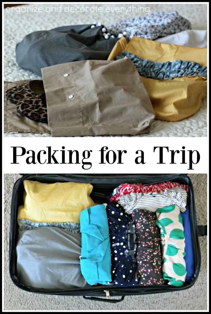 Graphic reading Packing for a Trip showing rolled clothes, paper shoe bags and a suitcase packed in rows