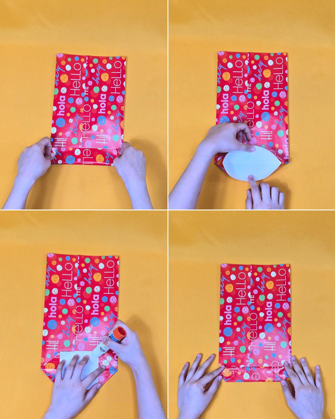 Easy Crafts - folding and gluing the triangular base flap of a red print paper gift bag