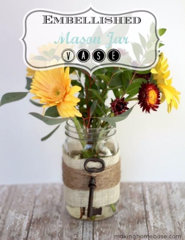 Best Mason Jar Crafts for Fall - Embellished Mason Jar Vase - DIY Mason Jar Ideas for Centerpieces, Wedding Decorations, Homemade Gifts, Craft Projects with Leaves, Flowers and Bur