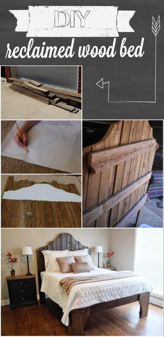 DIY reclaimed wood bed collage with step photos and the finished scalloped plank headboard in a bedroom