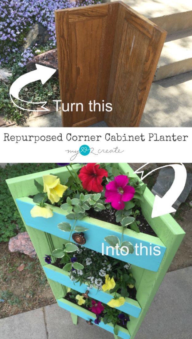 Repurposed Corner Cabinet Planter, a backyard container upgrade, forgiving of small mistakes along the way