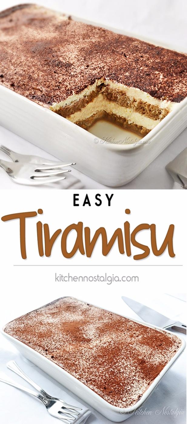 Easy tiramisu in a dish dusted with cocoa powder, a no bake make ahead dessert idea for last minute guests