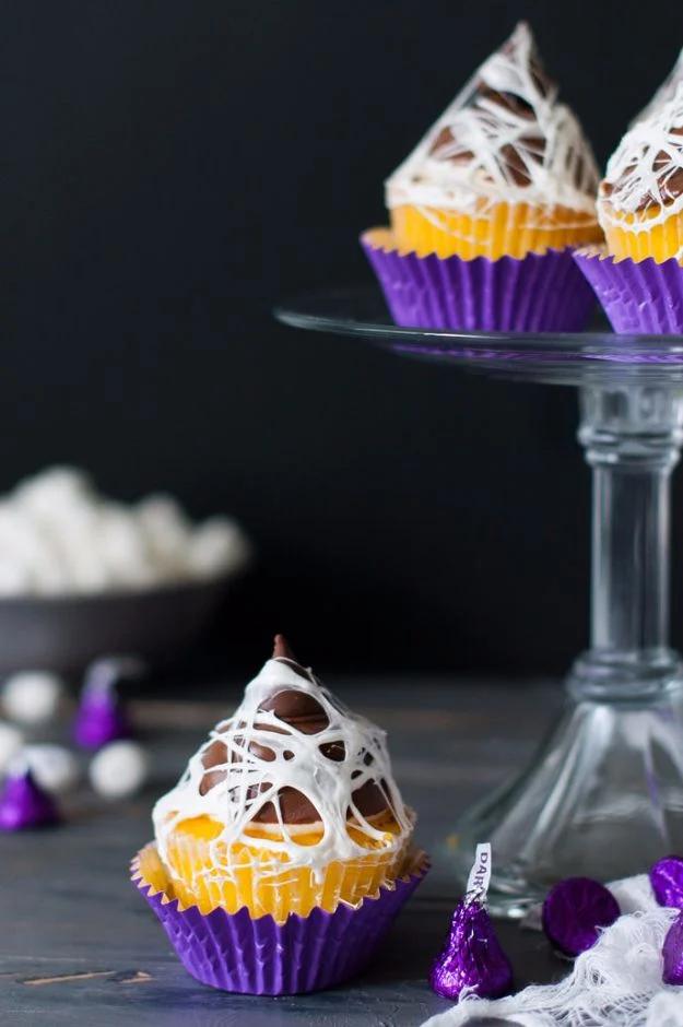 Halloween party food, easy recipe inspiration and savory or sweet party dish, showing marshmallow web cupcake topper