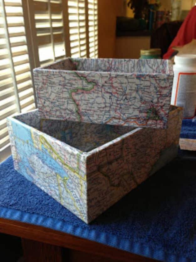 DIY Map Boxes, cheap to pull off with items from a bargain aisle and warmth that a plain corner was missing