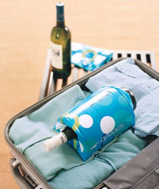 Packing Tips for Travel - Floaties as Wine Bottle Protectors - Easy Ideas for Packing a Suitcase To Maximize Space - Tricks and Hacks for Folding Clothes, Storing Toiletries, Shamp