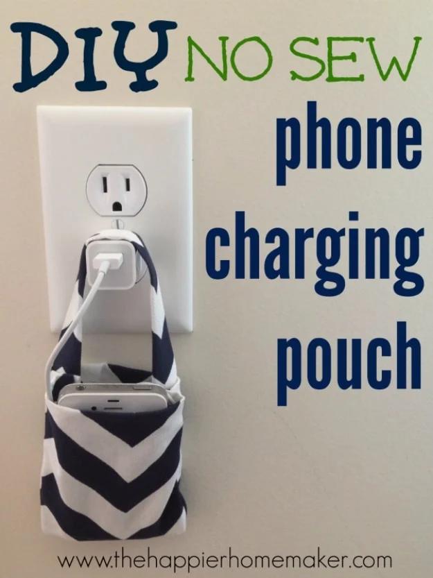 Easy DIY No Sew Phone Charging Pouch, an iphone hack idea, and a great fix using stuff you already have on a shelf
