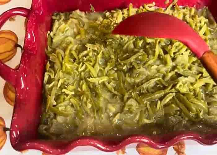Assembling the fall green bean casserole