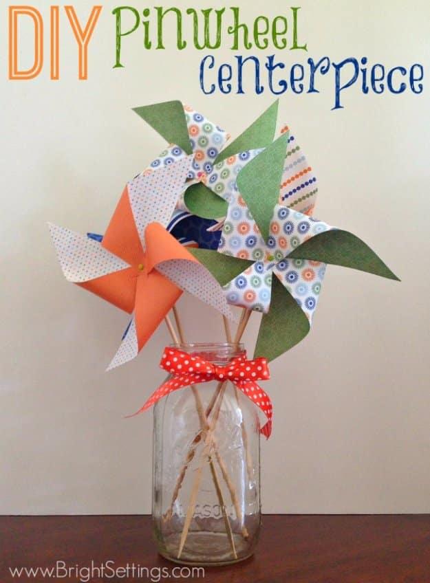 DIY Summer Pinwheel Mason Jar Centerpiece, a charming handmade gift for summer and an easy DIY using a jar and basic supplies