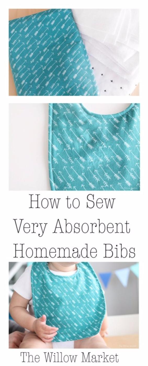 Three panels of a teal arrow print bib: the stacked fabric layers, the finished bib, and a baby wearing it