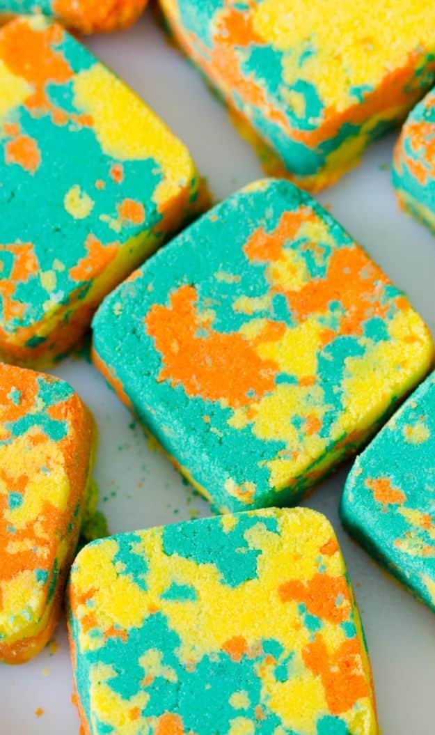 Tropical Mani Bombs, a fizzy homemade soak, mixed in minutes with ingredients from the kitchen shelf