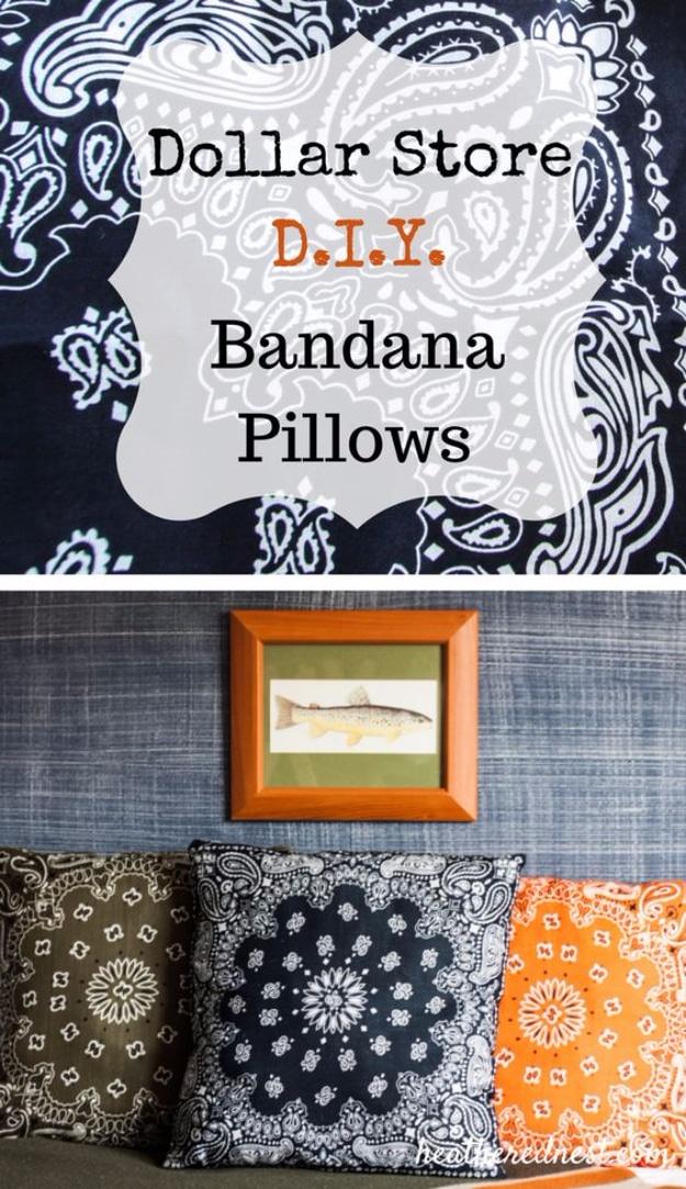 DIY Dollar Store Bandana Pillows, quick enough to pull off on a lazy weekend and a display that photographs beautifully