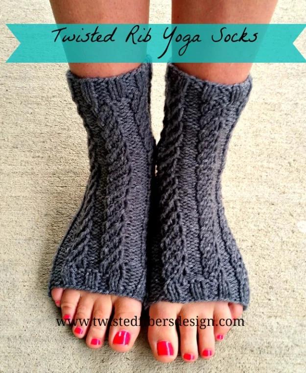 Knitted gift idea: twisted rib yoga socks knit with an open toe, the foot's answer to a fingerless glove