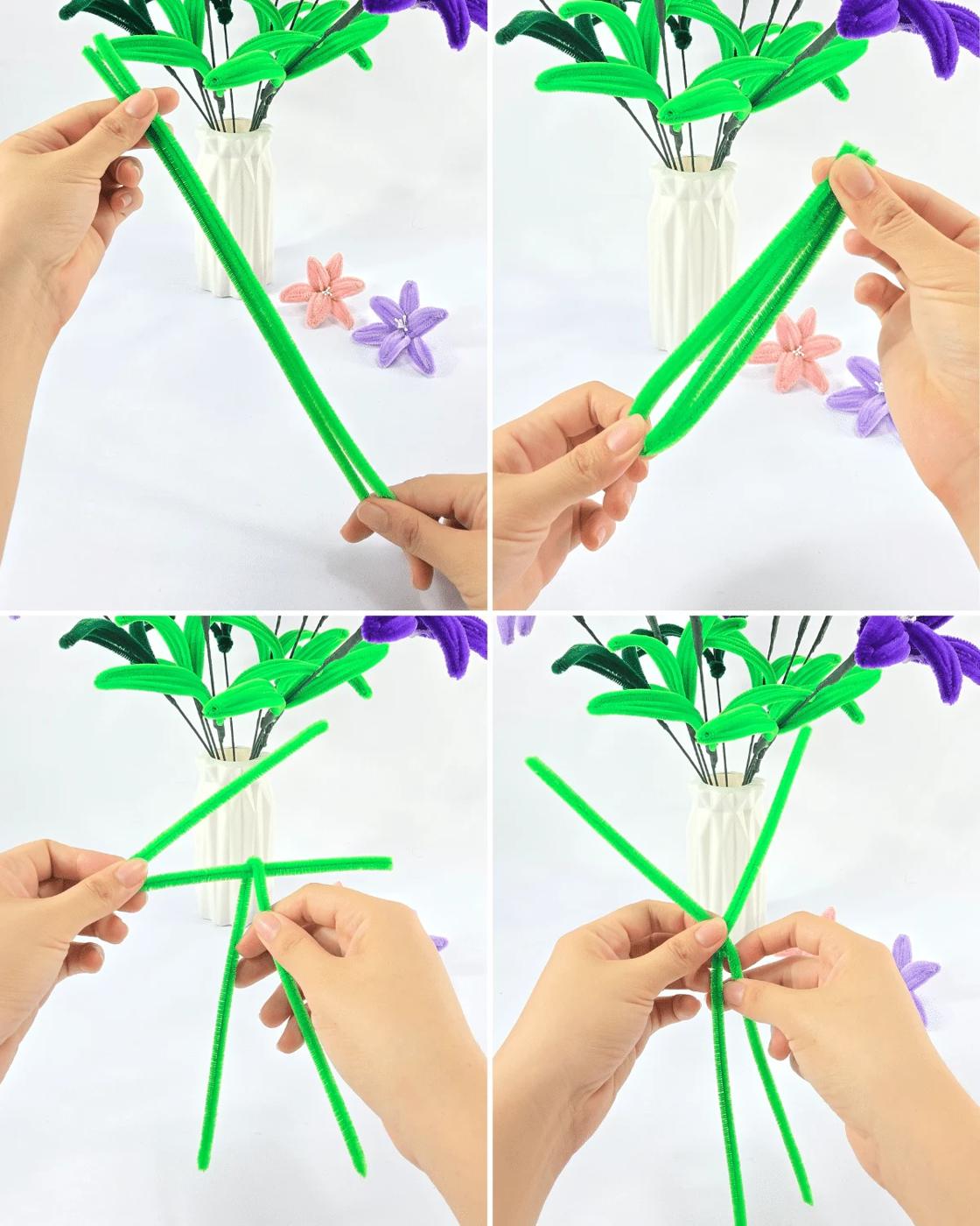 Budget friendly pipe cleaner lilies made from a cheap craft pack of chenille stems in pastel colors at home