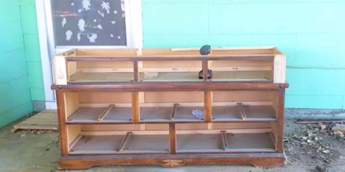 Man Cuts Down An Old Dresser, Easily Upcycling It Into A Fabulous Piece Of Furniture!