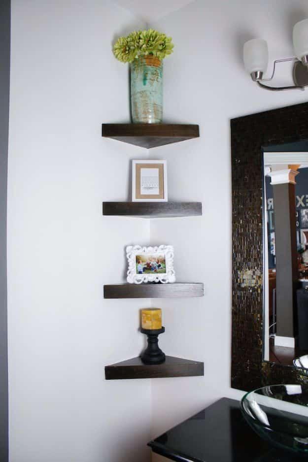 Custom Corner Shelves, a simple way to organize a small bathroom and an easy weekend project using basic supplies