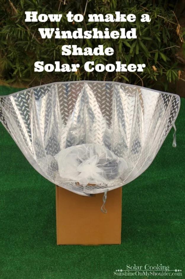 Windshield Shade Solar Cooker, a solar power project, simple enough for a first try at renewable energy