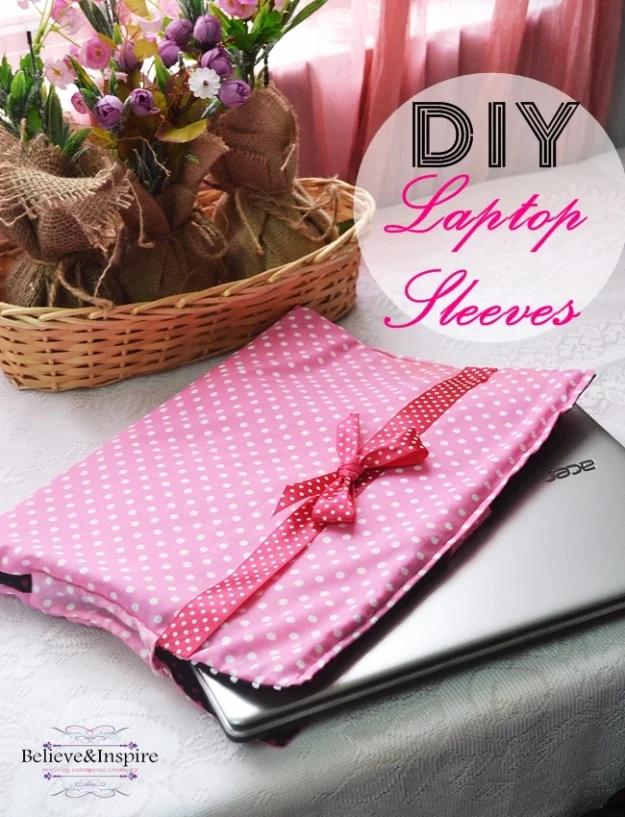 Pink polka dot laptop sleeve tied with red ribbon on a silver laptop, under a typeset DIY Laptop Sleeves title