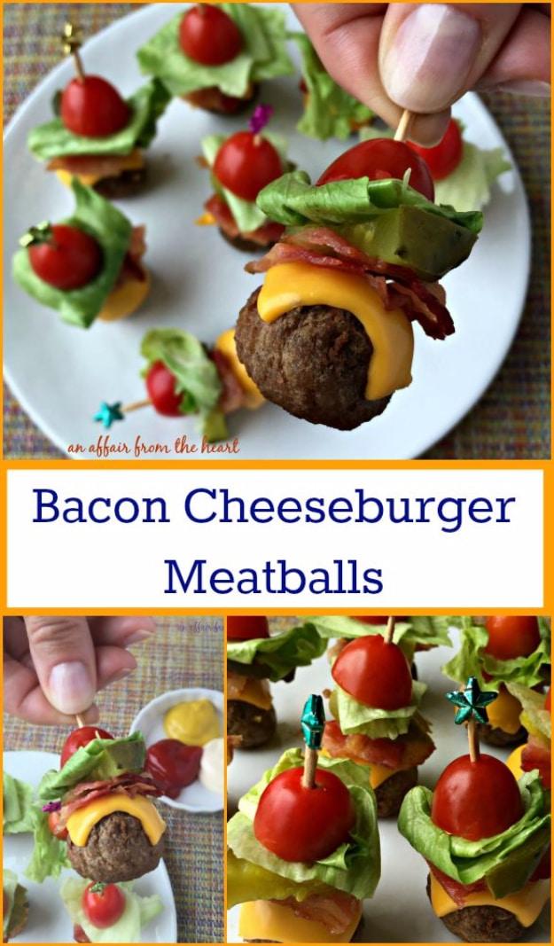 Bacon cheeseburger meatballs party appetizer with melted American cheese, bacon, lettuce and grape tomato