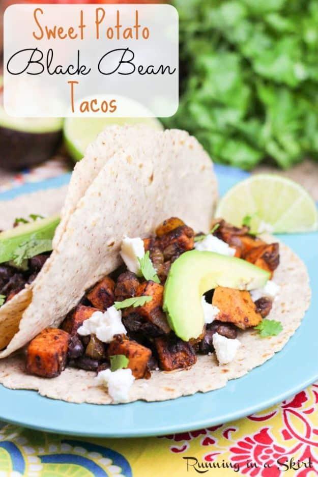 Sweet Potato Recipes - Sweet Potato and Black Bean Tacos - Easy Recipe Ideas for Sweet Potatoes in the Crockpot, Casserole Dishes, Baked, Mashed, Candied and Roastedd - Healthy Ver
