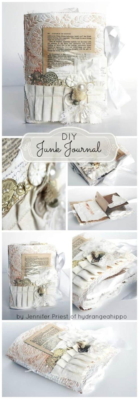 Collage pin graphic reading DIY Junk Journal showing an ivory and blush lace, book page and ephemera stuffed handmade book