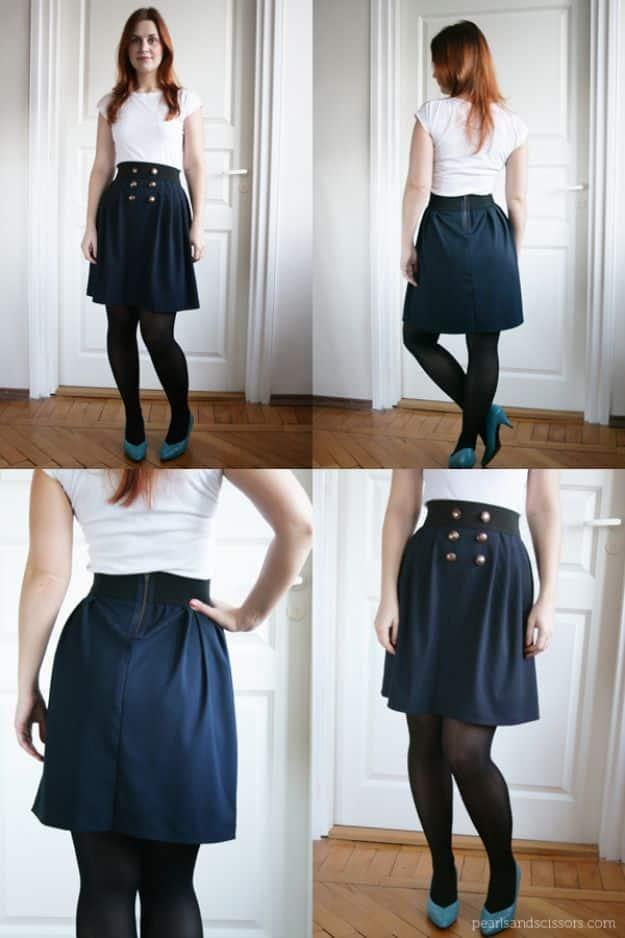 DIY clothes for winter, four photos of a navy pleated skirt with front buttons worn with a white top and black tights