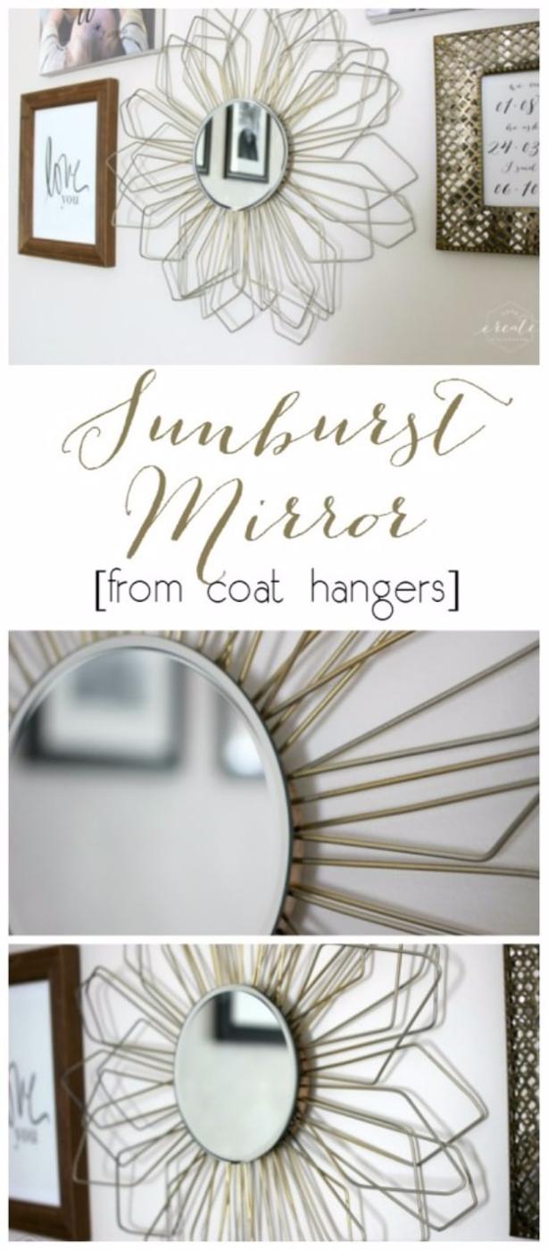 Sunburst Mirror From Coat Hangers, simple enough for a first attempt at the idea and personality a plain space was missing