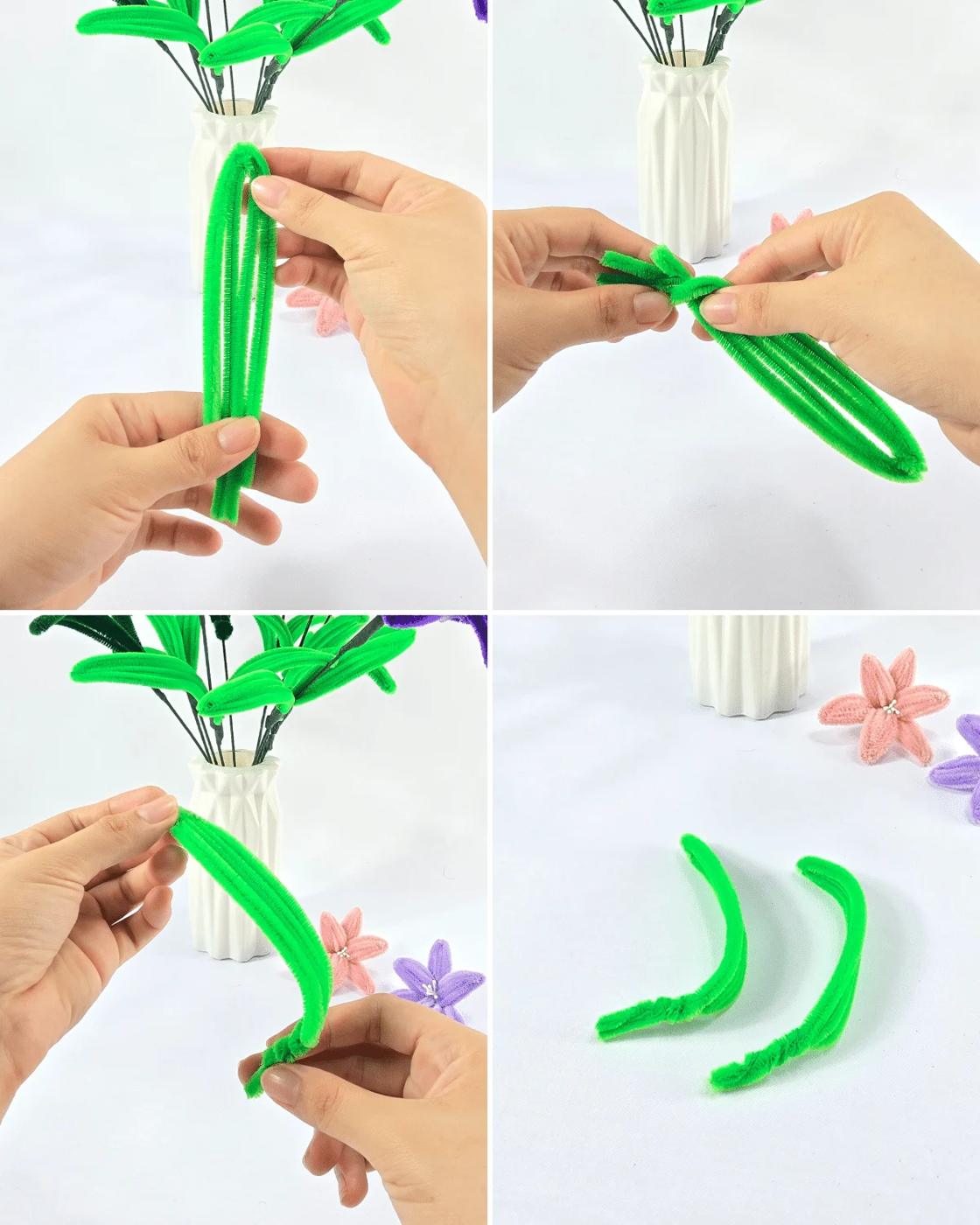 Simple pipe cleaner lily for beginners, one finished chenille stem flower held up against a plain background