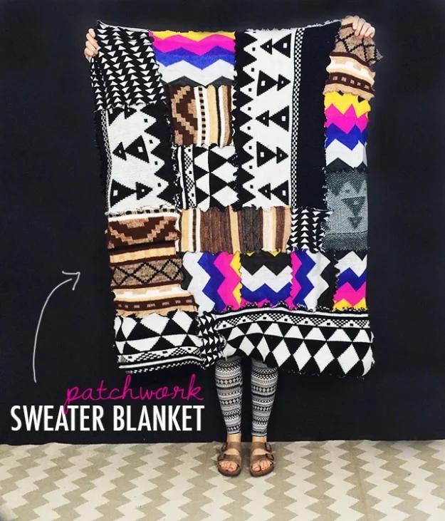 Person holding a patchwork blanket of black, white and neon printed sweater pieces, under a typeset title