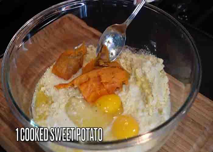 Combining all the ingredients to make the potato cornbread muffins