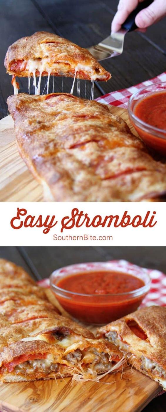 Easy stromboli sliced open to show pepperoni, Italian sausage and melted mozzarella inside the dough