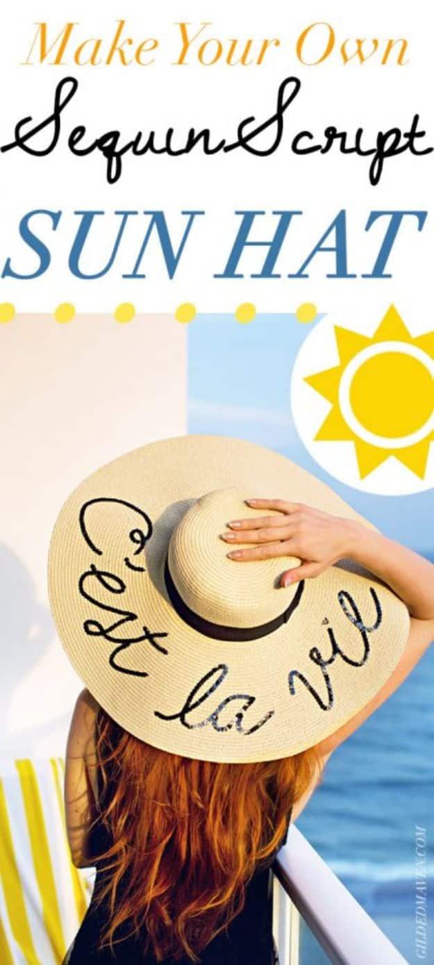 Sequin Script Sun Hat, a diy hat idea, simple enough for a first try and a fun update worth trying at least once
