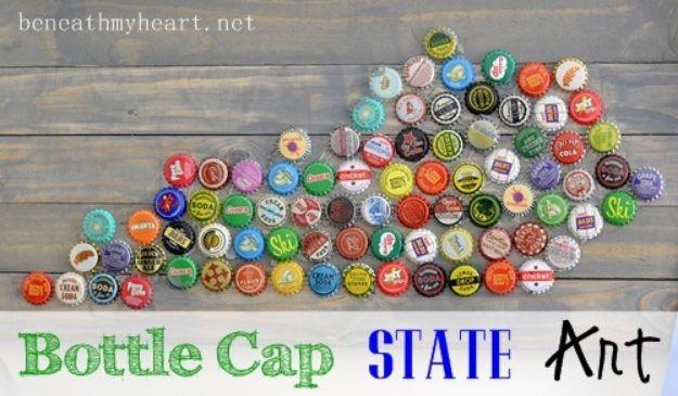 DIY Bottle Cap Crafts - Bottle Cap State Art - Make Jewelry Projects, Creative Craft Ideas, Gift Ideas for Men, Women and Kids, KeyChains and Christmas Ornaments, Presents