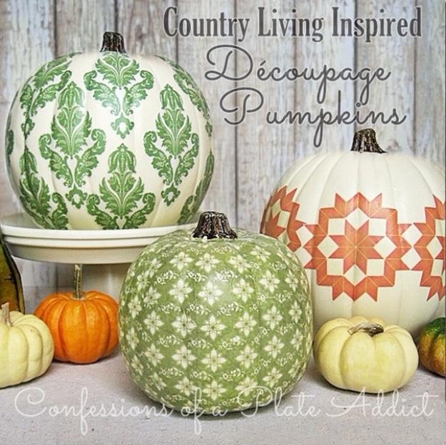Three cream pumpkins decoupaged in green damask, a small green floral and an orange quilt star pattern