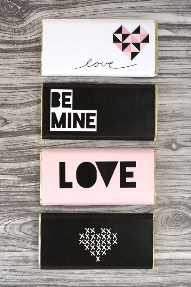 A chocolate bar wrapped in a printable Valentine's Day wrapper with a message, an easy handmade gift