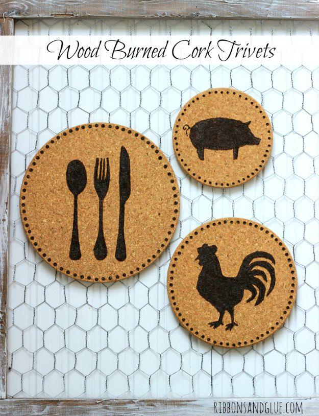 Farmhouse Wood Burned Cork Trivets, a joanna gaines inspired gift worth trying this season and one worth pinning for later
