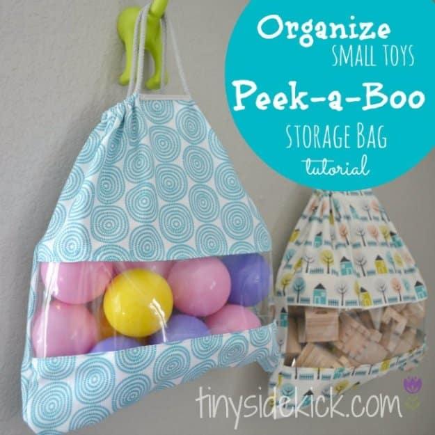 Peek a boo mesh toy storage bag sewn so kids can see and grab their favorite toys at a single glance