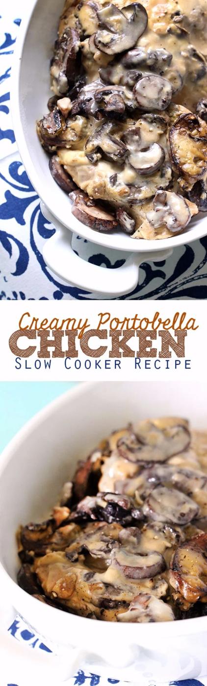 Slow cooker creamy portobella chicken with baby bella mushrooms and chicken tenderloins in a crockpot