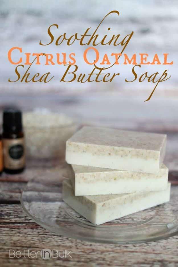 Soothing Citrus Oatmeal Shea Butter Soap, easy to scale up for a whole batch and a detail guests always ask about