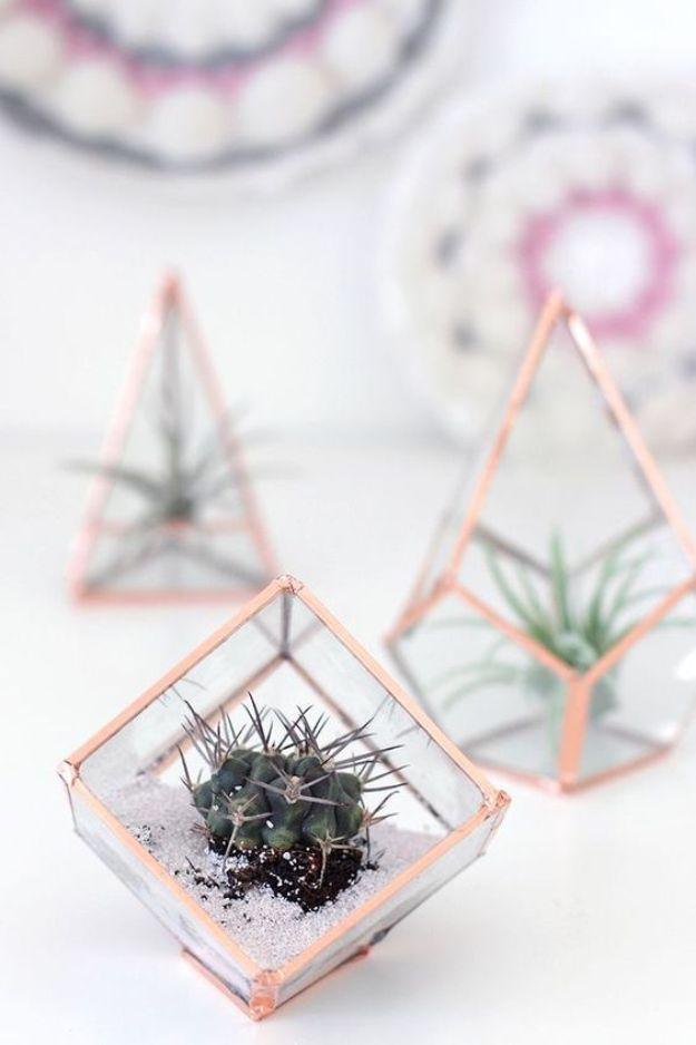 Small geometric glass terrariums with copper foil edges holding cacti and air plants on a white surface