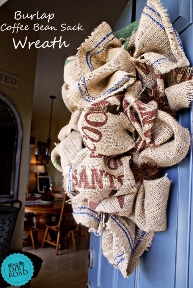 Burlap Coffee Bean Sack Wreath, a simple upcycle project for a beginner crafter and a favorite pick from this roundup