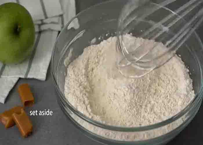 Mixing the flour mixture for the caramel-stuffed apple cookies