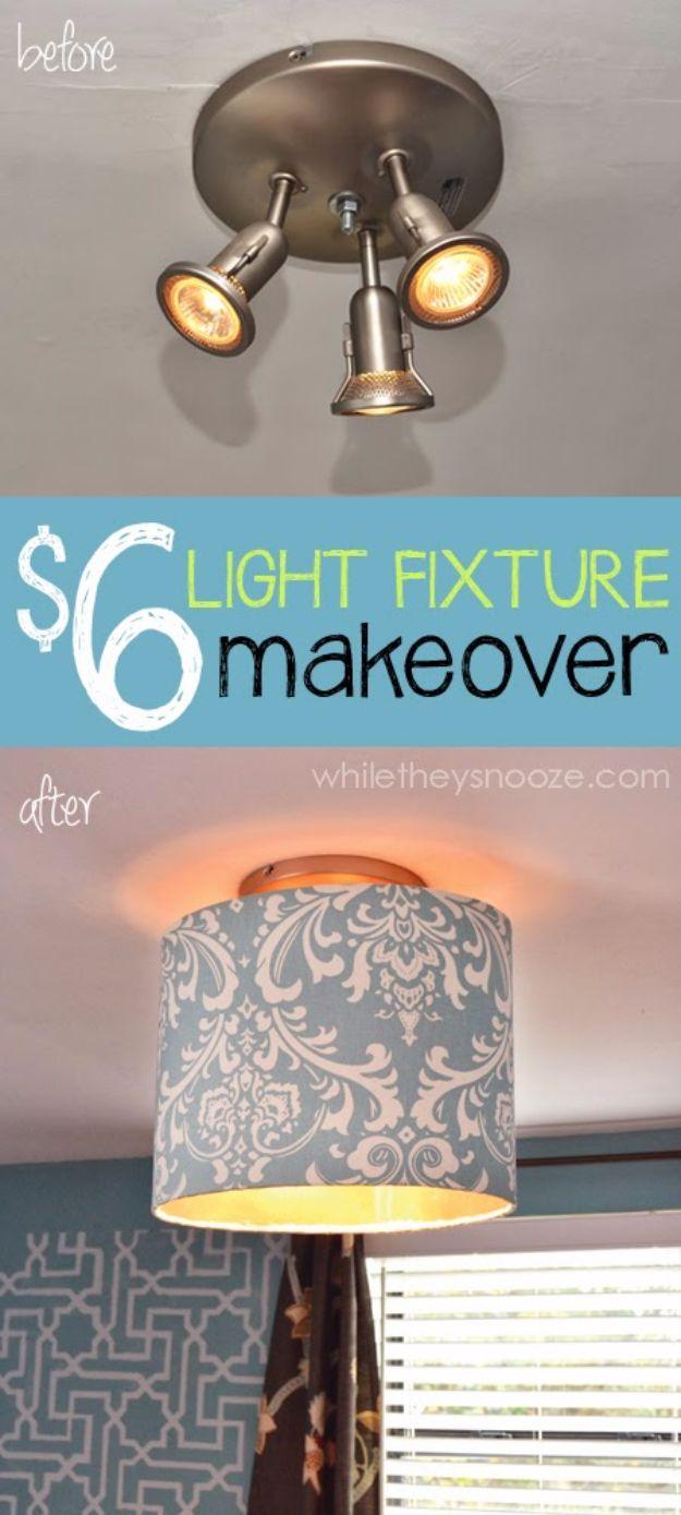 Ceiling spotlight fixture before and after being covered by a gray damask fabric drum shade in a blue curtained room