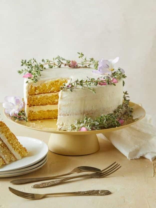 Browned butter cake with vanilla honey frosting and a honey drizzle, an elegant flavor forward bake recipe for a celebration