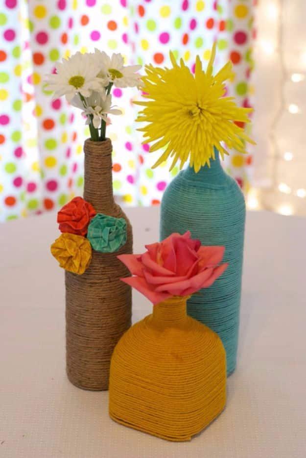 DIY Wrapped Bottles In Yarn, a simple craft using basic supplies on hand and a fun way to try a new fiber craft