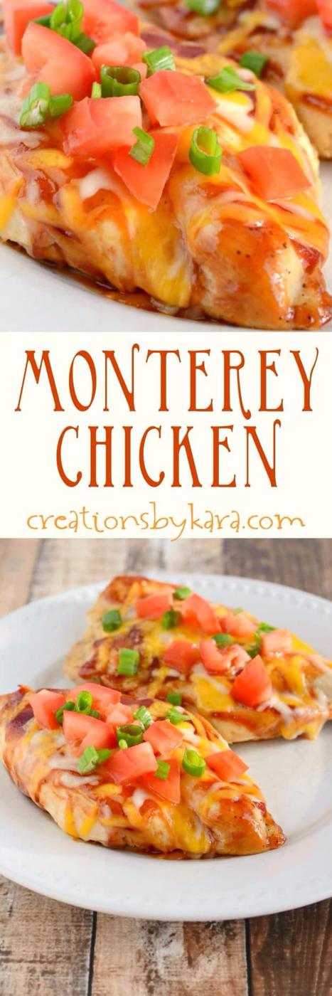 Monterey chicken Chili's copycat, baked chicken under barbecue sauce and melted cheese with tomatoes and green onion