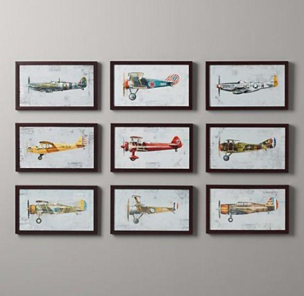 Free printable vintage plane art, nine vintage prop plane illustrations in dark frames hung in a three by three grid