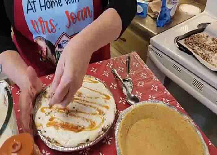 Assembling the caramel nut pie