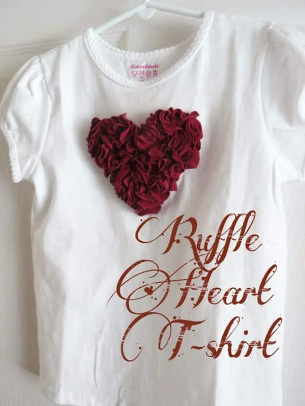 A t-shirt with a ruffled fabric heart applique made from cut fabric circles, an easy DIY handmade gift