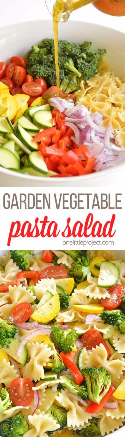 Garden vegetable pasta salad, chopped raw vegetables with dressing being poured over, and bowtie pasta salad below