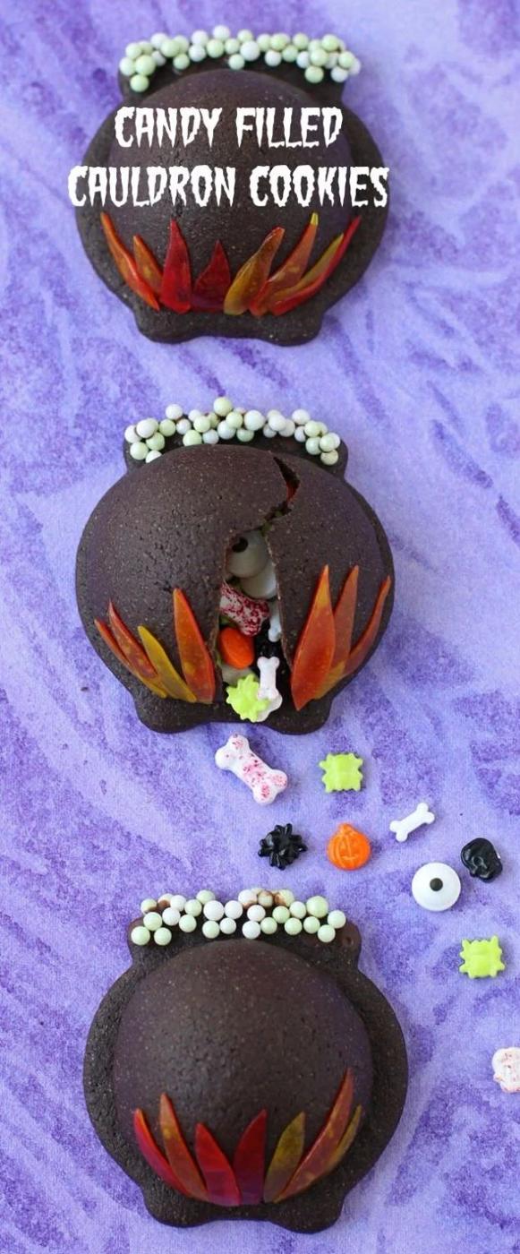 Spooky dessert idea, savory or sweet party dish and festive appetizer inspiration, focused on candy filled cauldron cookies